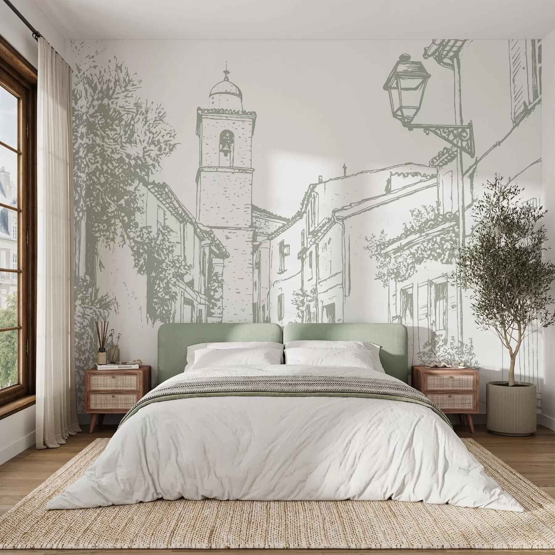 wall murals City street, beautiful architecture, buildings, Mediterranean, line drawing, olive color w03345