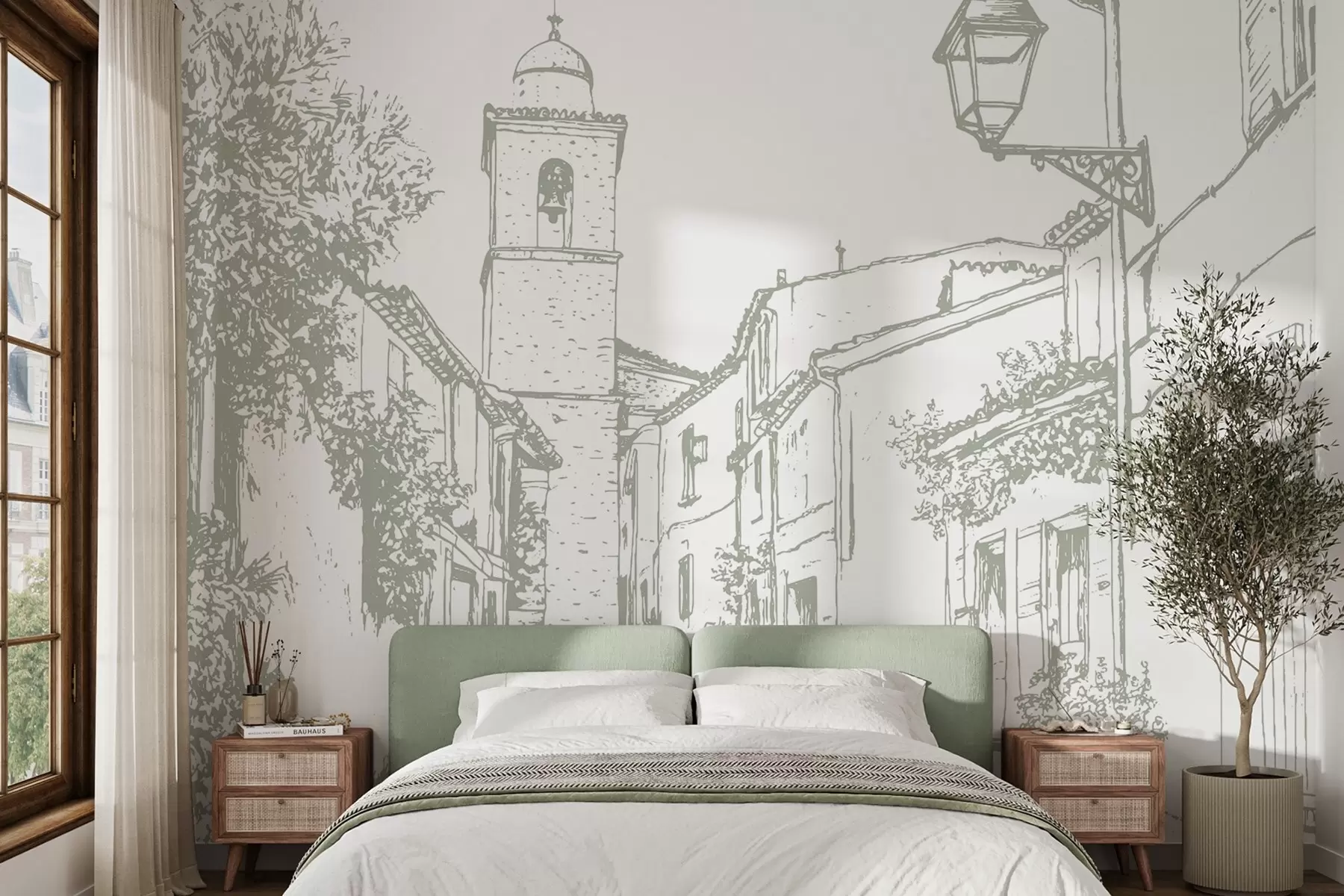 wall murals City street, beautiful architecture, buildings, Mediterranean, line drawing, olive color w03345