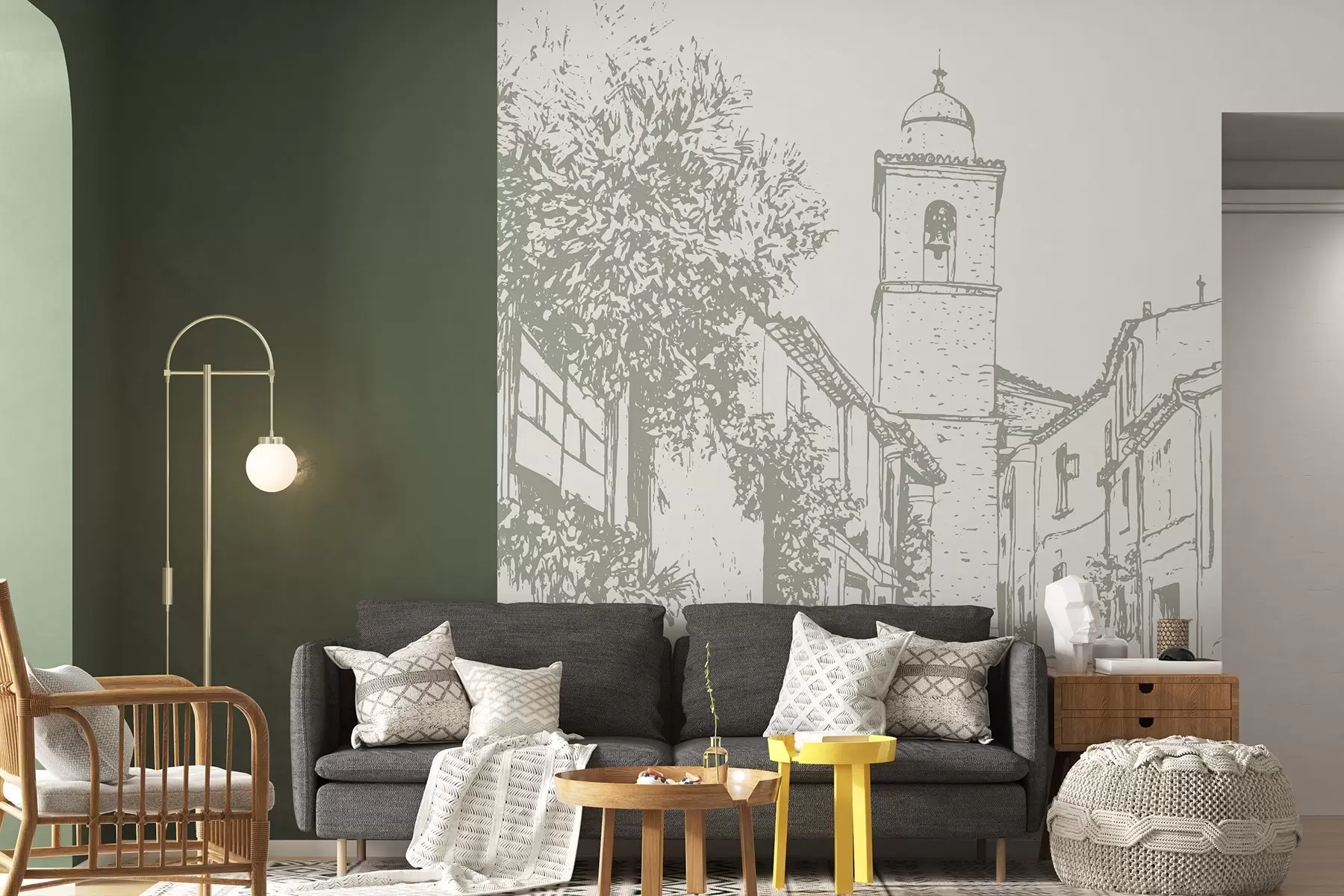 wall murals City street, beautiful architecture, buildings, Mediterranean, line drawing, olive color w03345