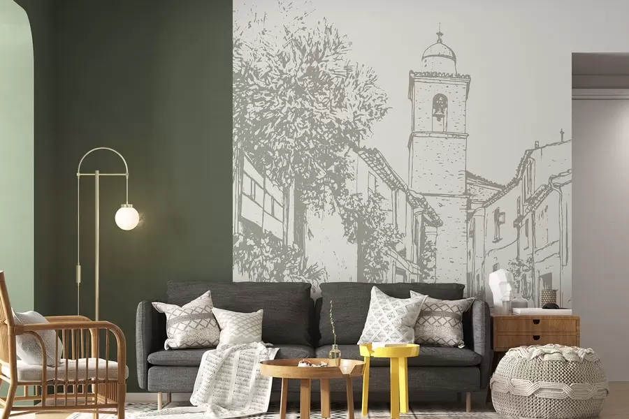 wall murals City street, beautiful architecture, buildings, Mediterranean, line drawing, olive color w03345