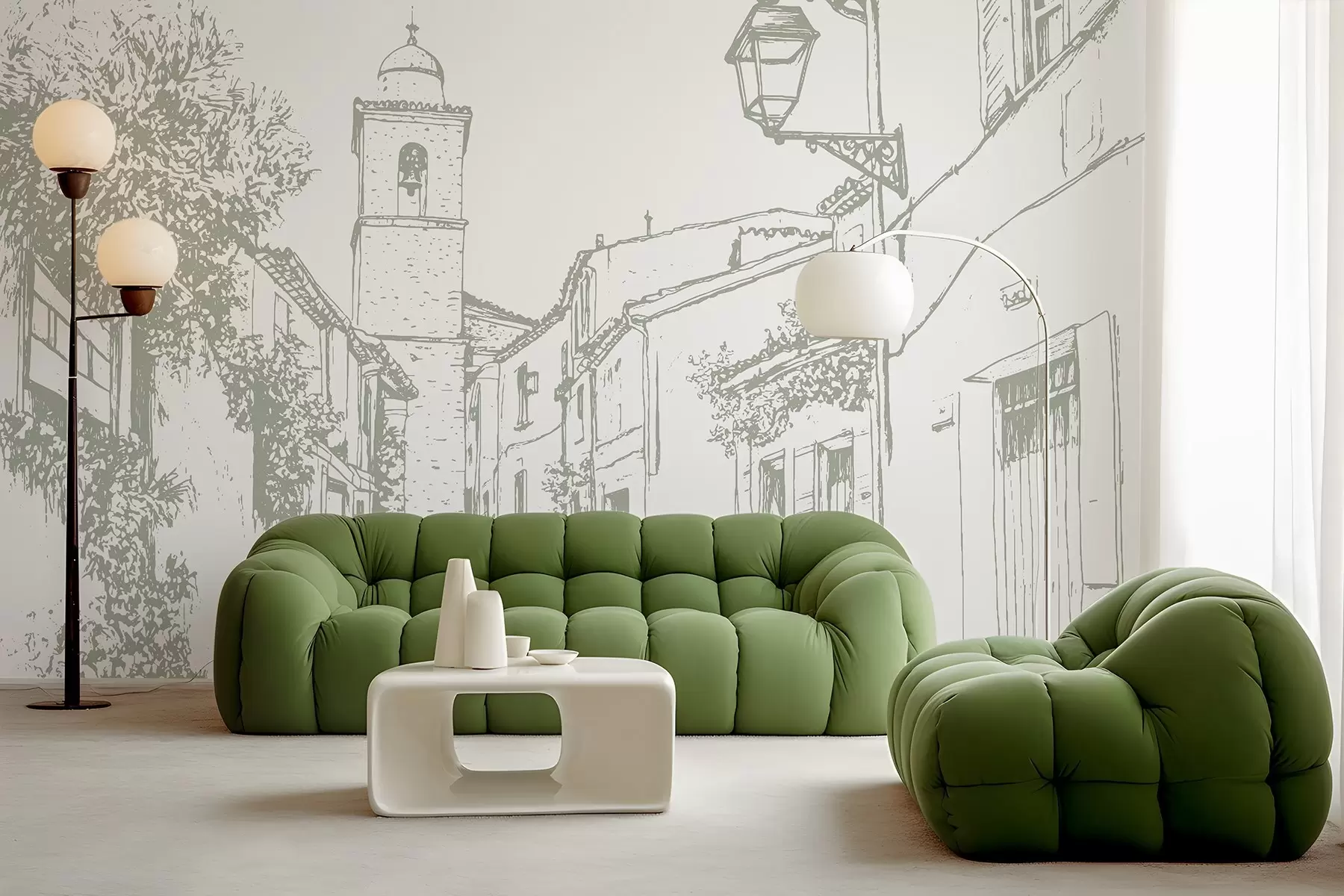wall murals City street, beautiful architecture, buildings, Mediterranean, line drawing, olive color w03345