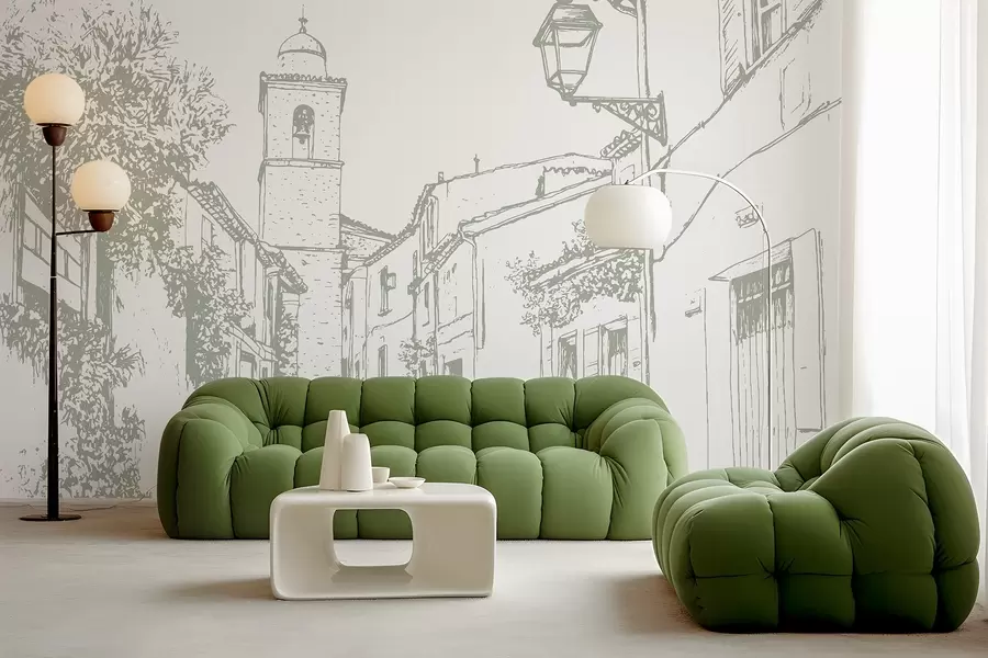 wall murals City street, beautiful architecture, buildings, Mediterranean, line drawing, olive color w03345