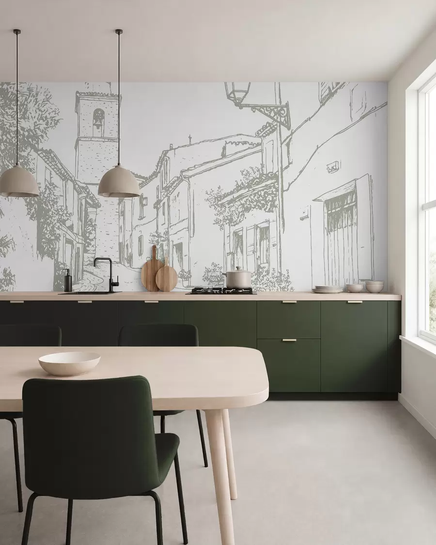 wall murals City street, beautiful architecture, buildings, Mediterranean, line drawing, olive color w03345