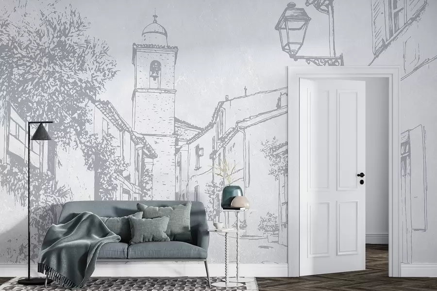 wall murals City street, beautiful architecture, buildings, Mediterranean, blue colors w03346v1