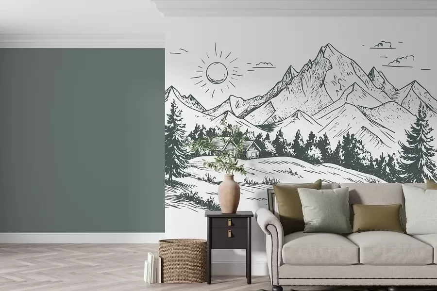 wall murals Mountains drawing, nature landscapes, forest, wooden houses, green color w03347