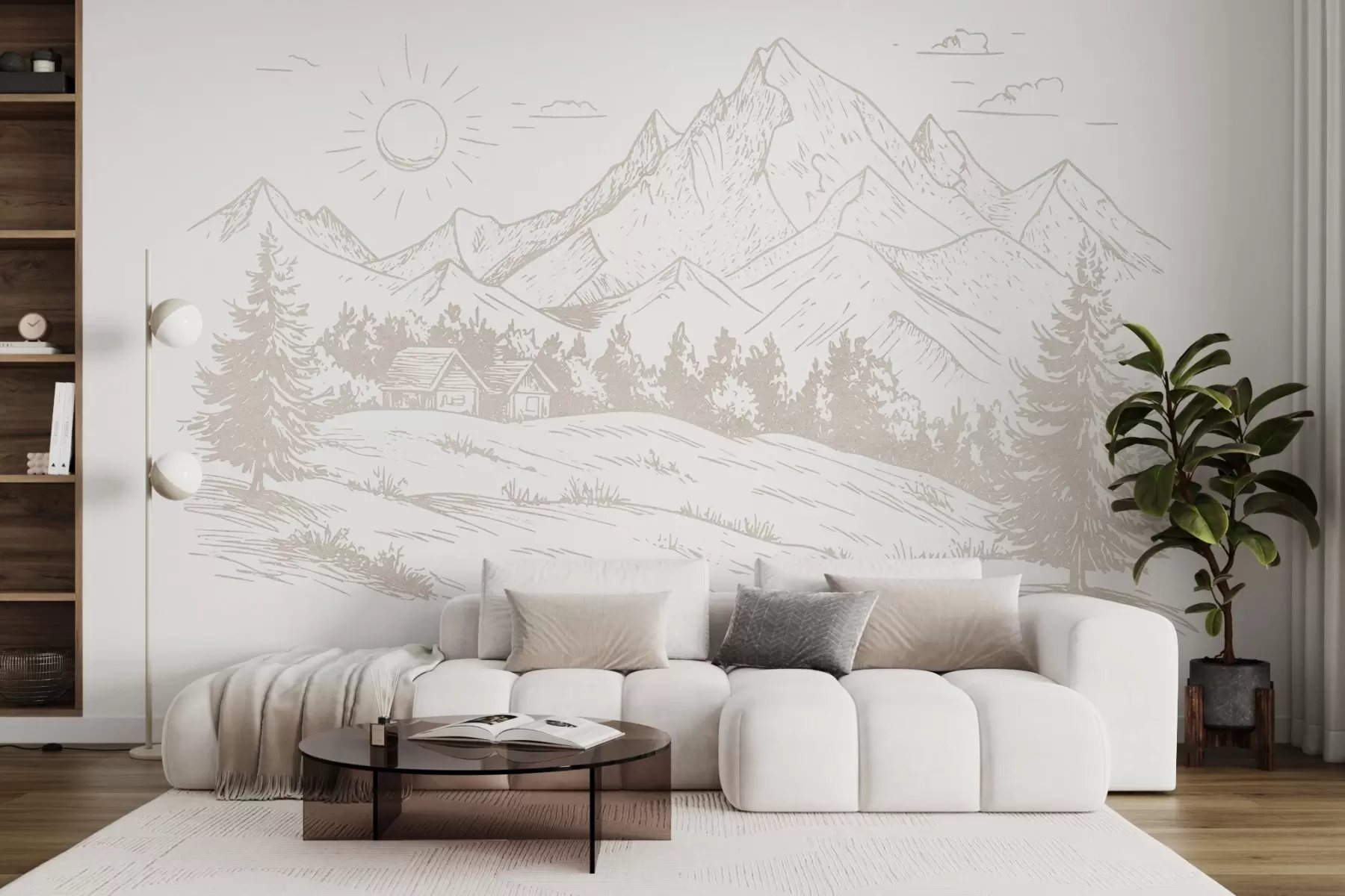 wall murals Mountains drawing, nature landscapes, forest, wooden houses, beige color w03348