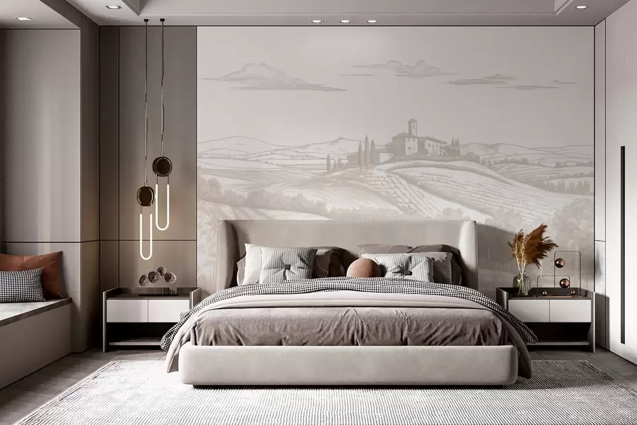 wall murals Tuscany landscapes, Italy, vineyards, nature, old castle, beige colors w03349