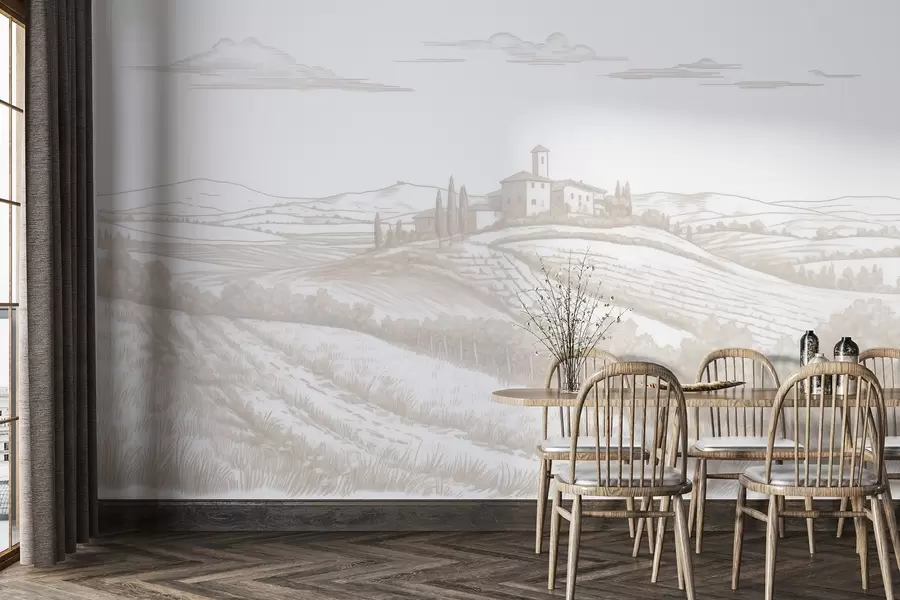 wall murals Tuscany landscapes, Italy, vineyards, nature, old castle, beige colors w03349