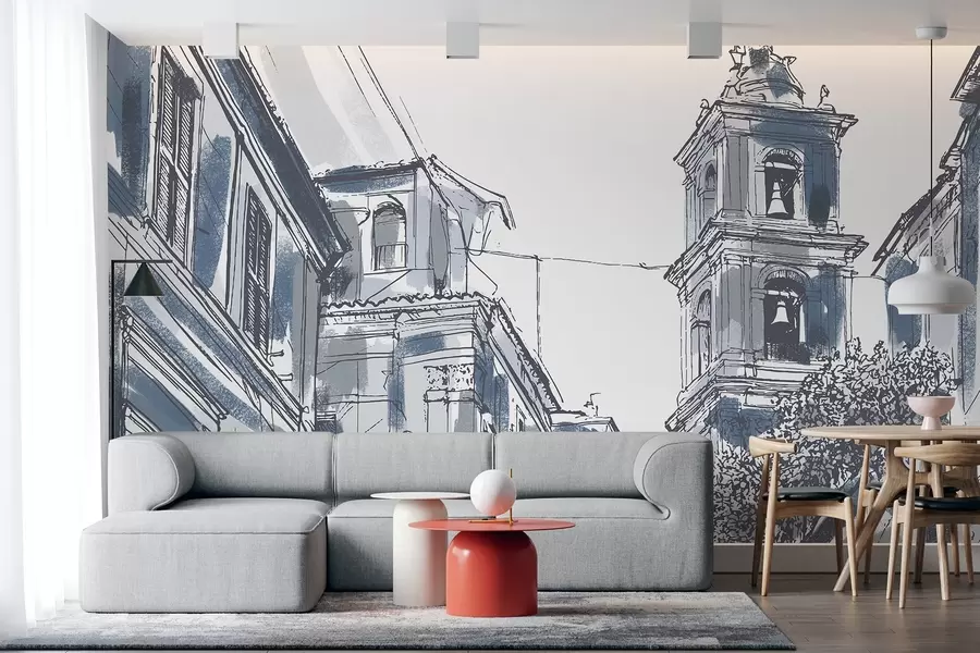 wall murals Mediterranean city street, chapel, architecture, grey and blue colors w03350