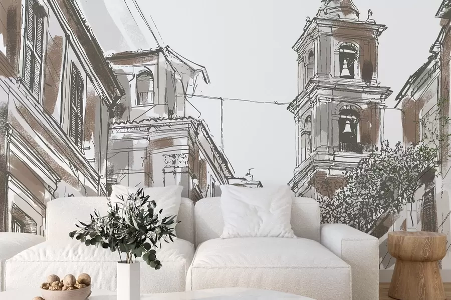 wall murals Mediterranean city street, chapel, architecture, beige and brown colors w03350v1