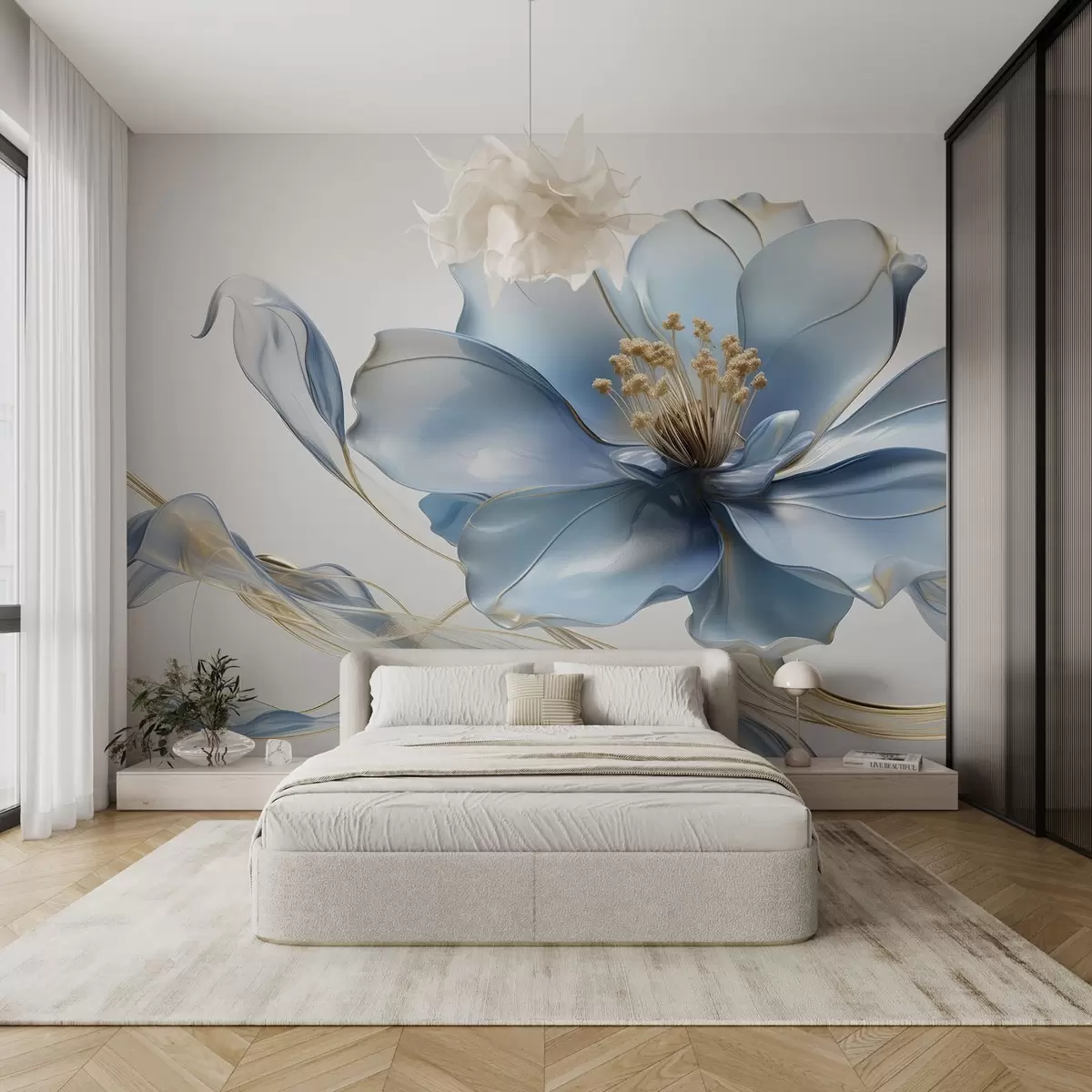 wall murals Large abstract flower on the wall in blue shade w08902