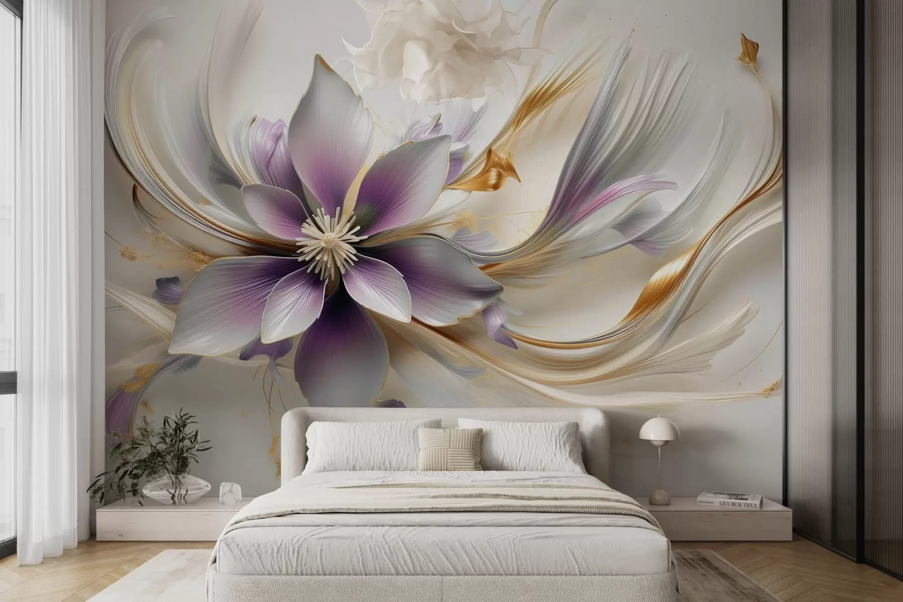 wall murals Large lilac delicate flower with abstract lines w08903v1