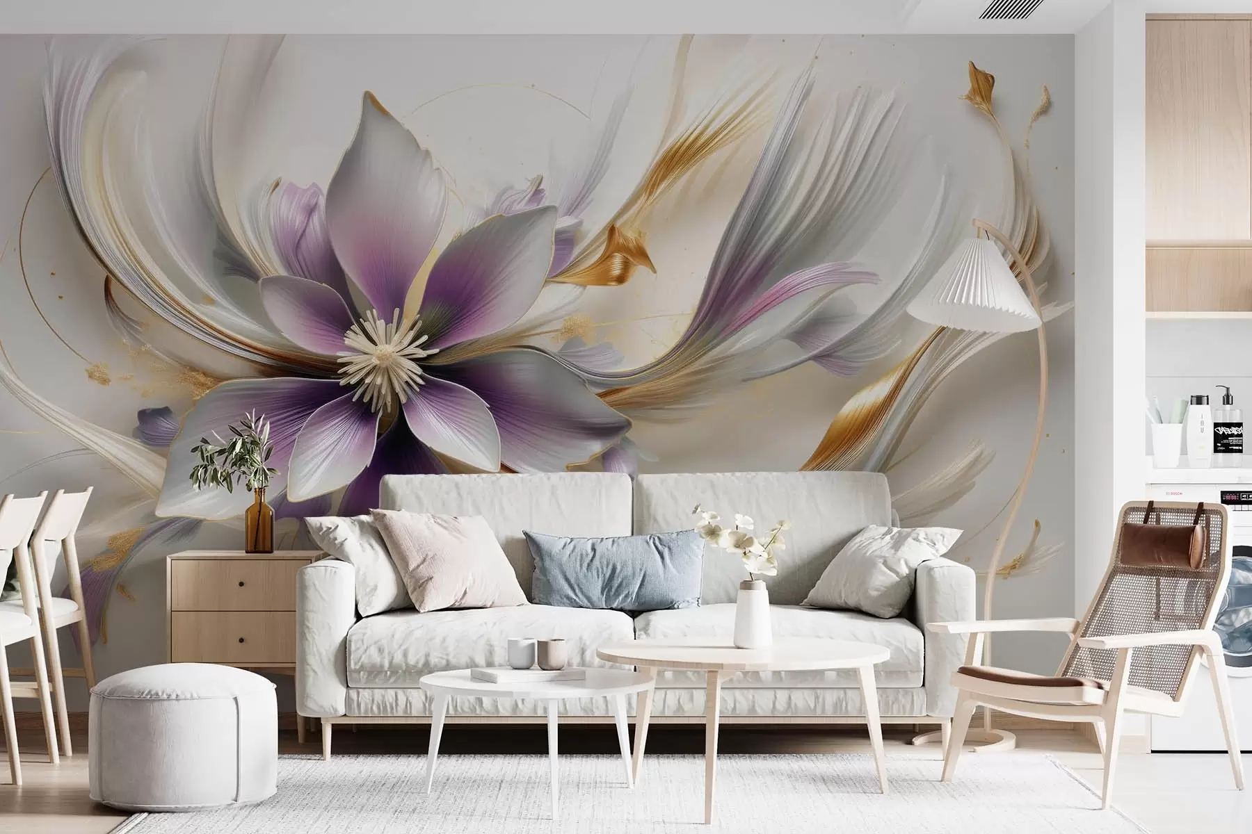 wall murals Large lilac delicate flower with abstract lines w08903v1