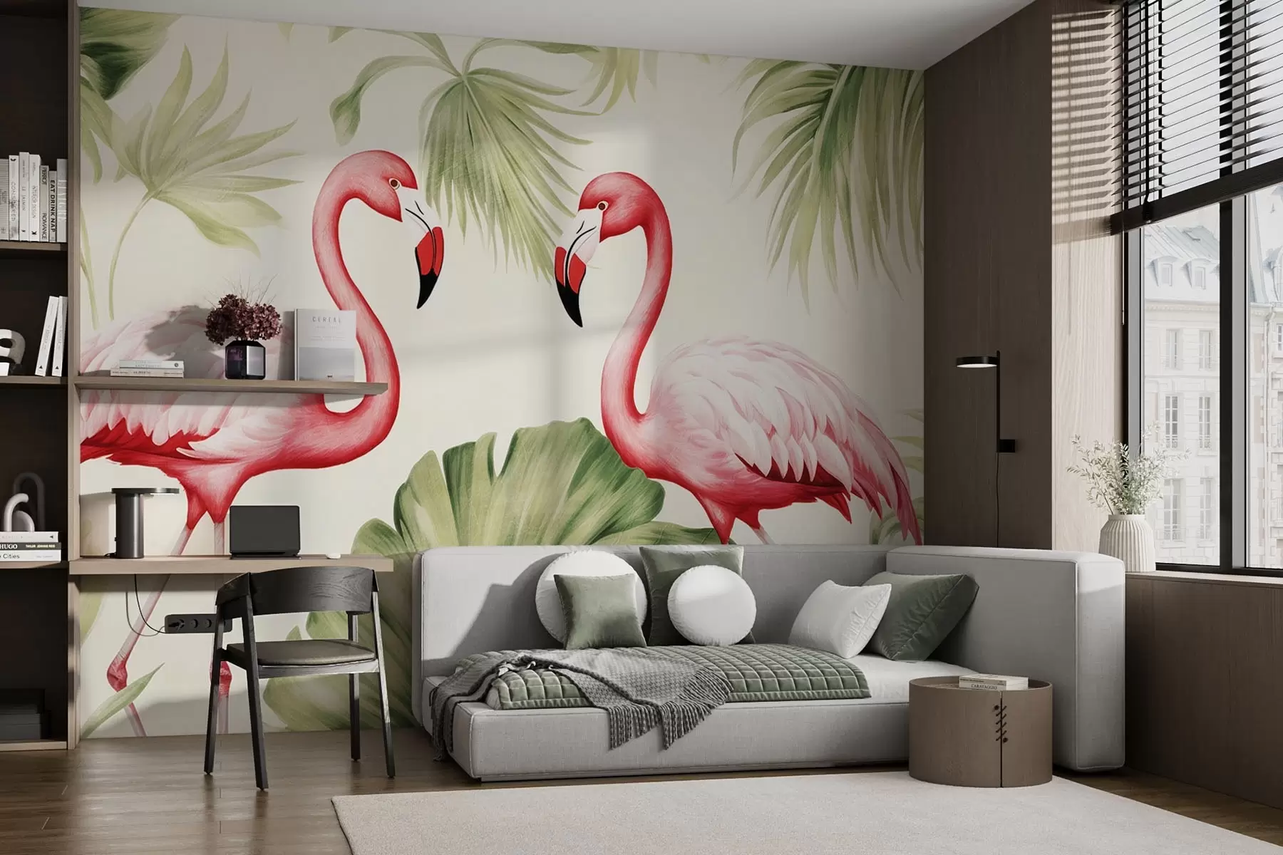 wall murals Pair of flamingos in tropical thickets w08907