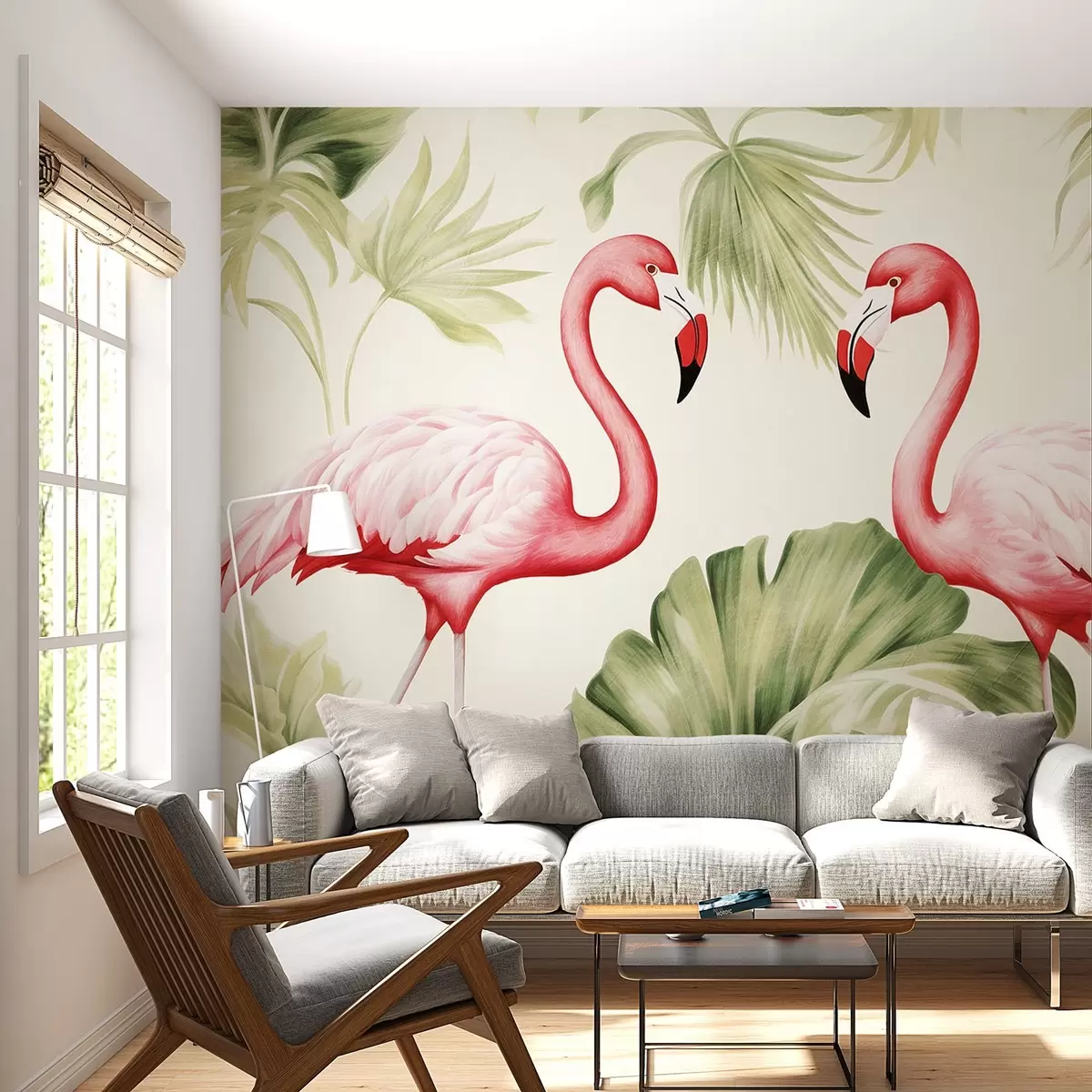 wall murals Pair of flamingos in tropical thickets w08907