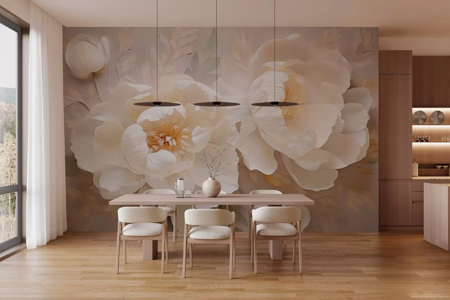 wall murals Blooming peony flowers in beige light colors w03390
