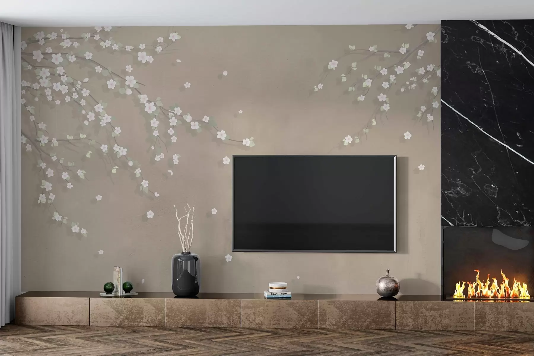 wall murals Blooming branch on the background of a grunge wall in beige color w03393v2