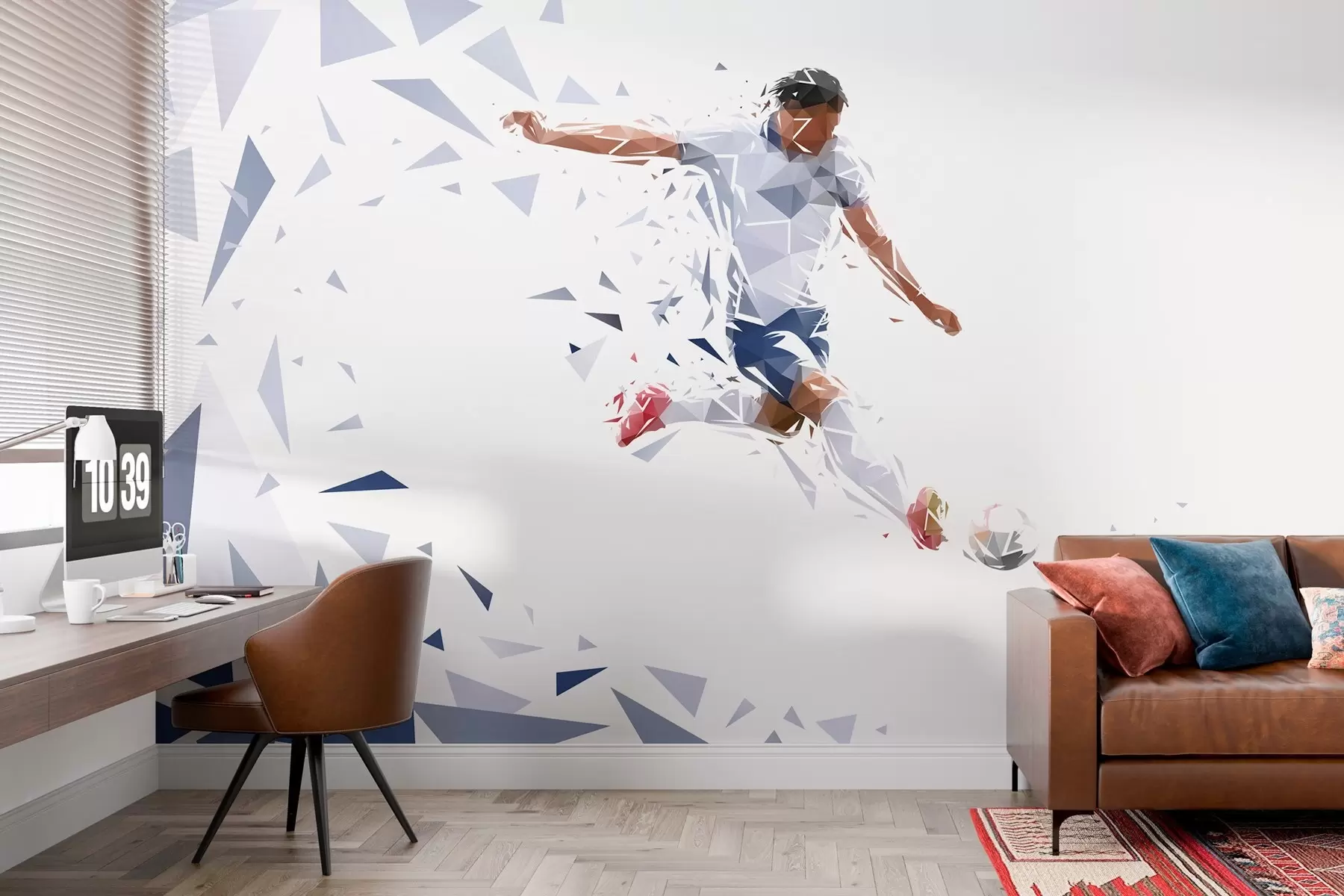 wall murals Dynamic footballer in a low-poly style, hitting the ball w03289