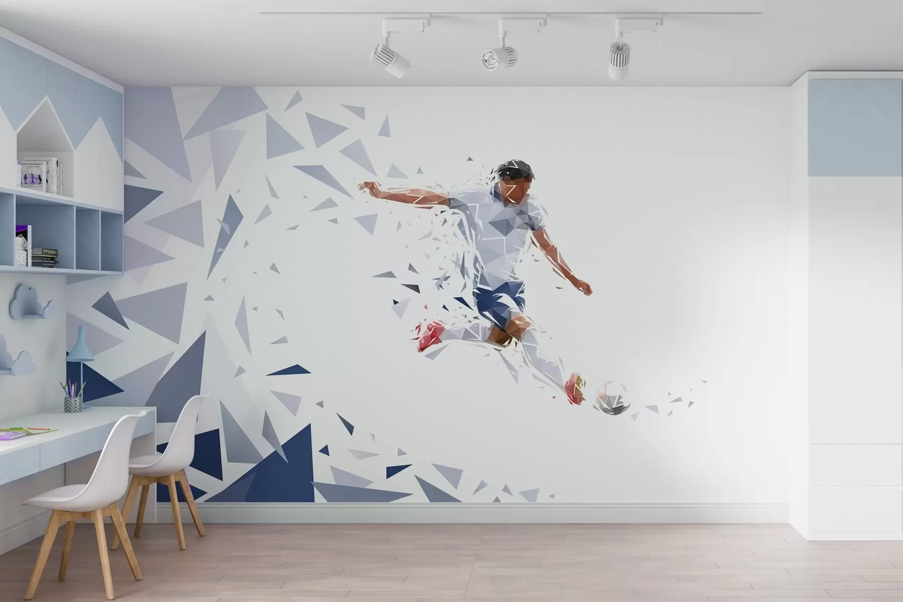 wall murals Dynamic footballer in a low-poly style, hitting the ball w03289