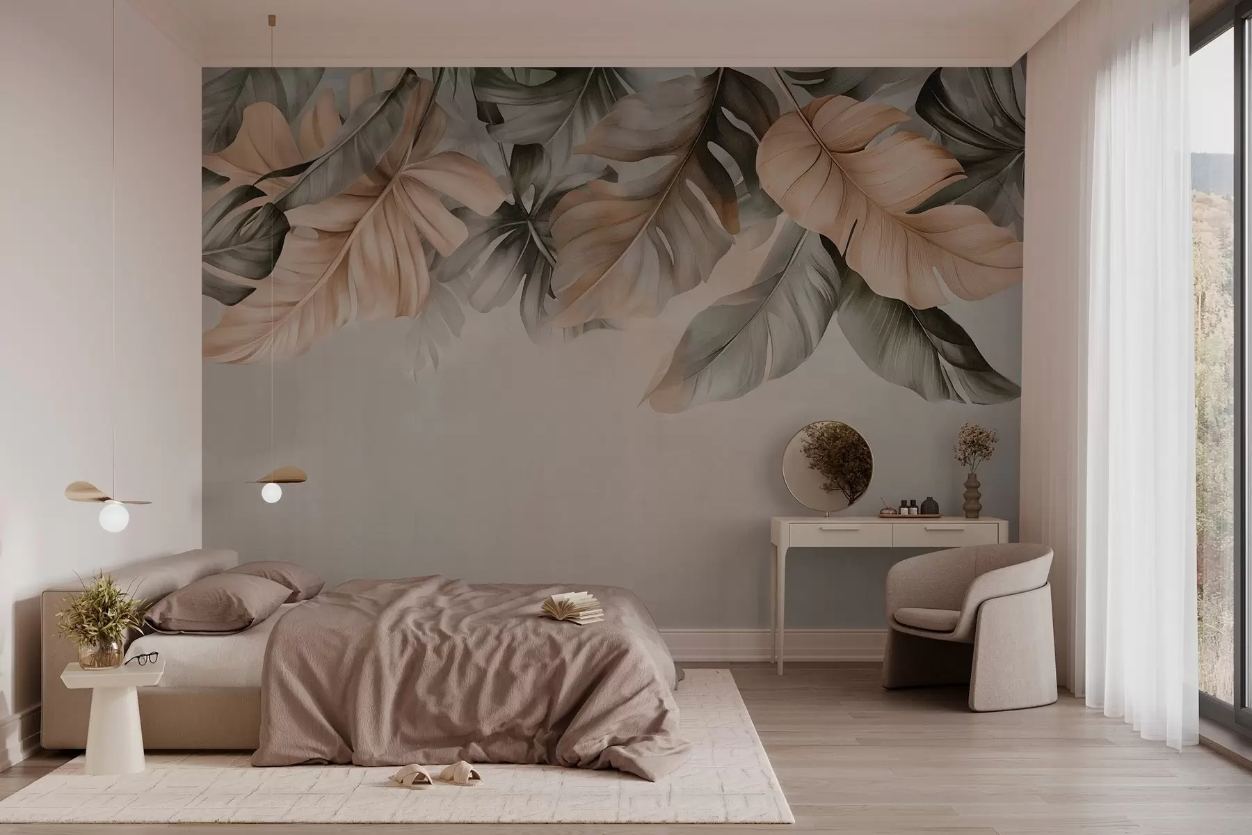 wall murals Tropical leaves hanging from the top, on a textured background w03290