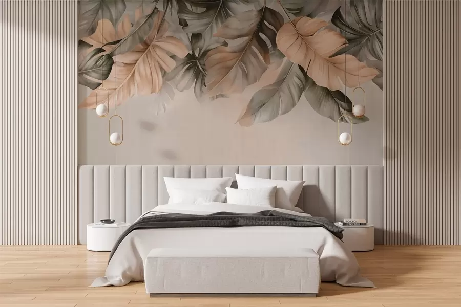 wall murals Tropical leaves hanging from the top, on a textured background w03290
