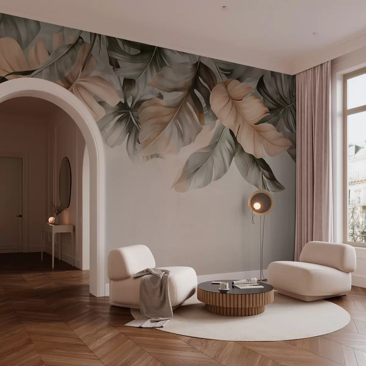 wall murals Tropical leaves hanging from the top, on a textured background w03290