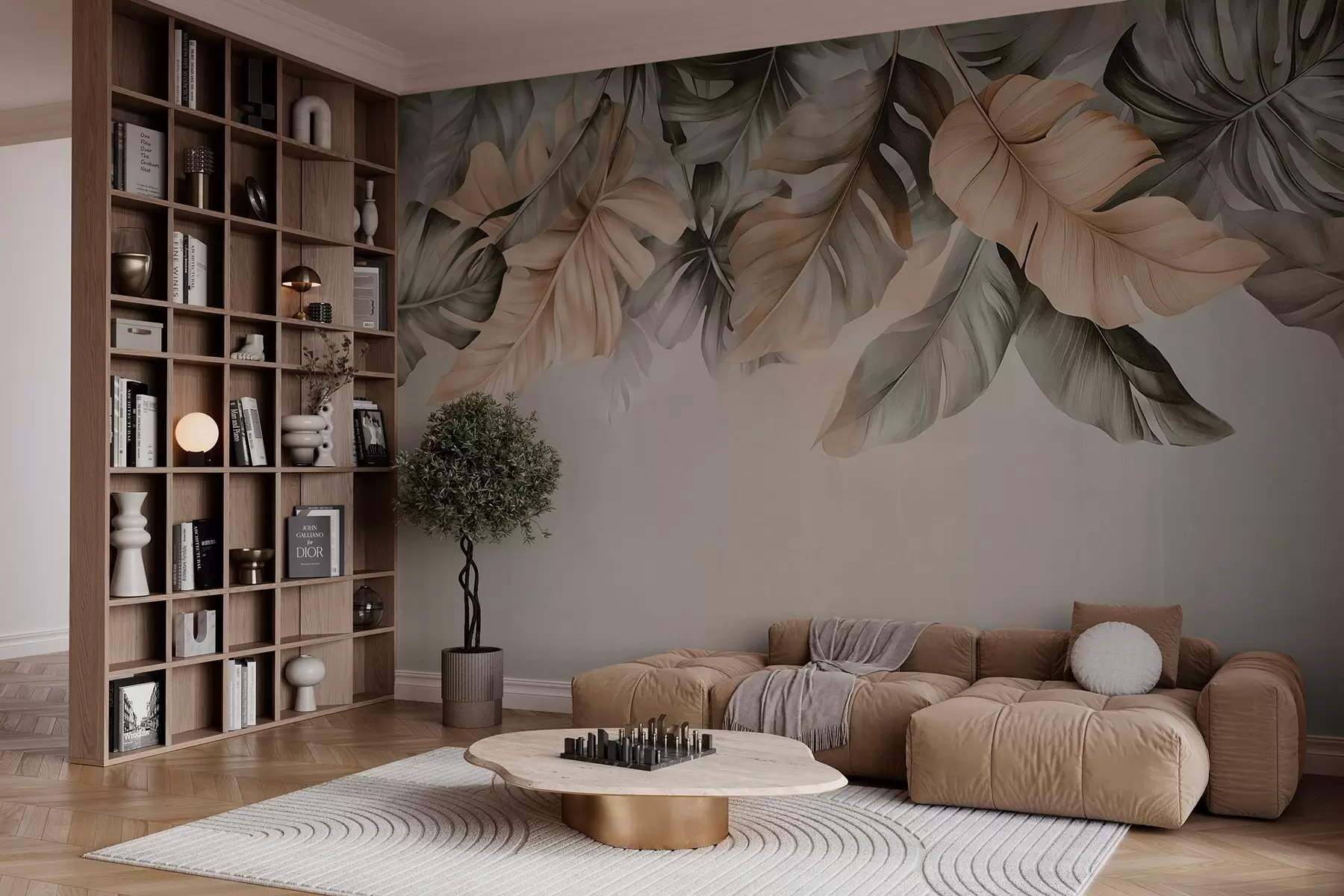 wall murals Tropical leaves hanging from the top, on a textured background w03290