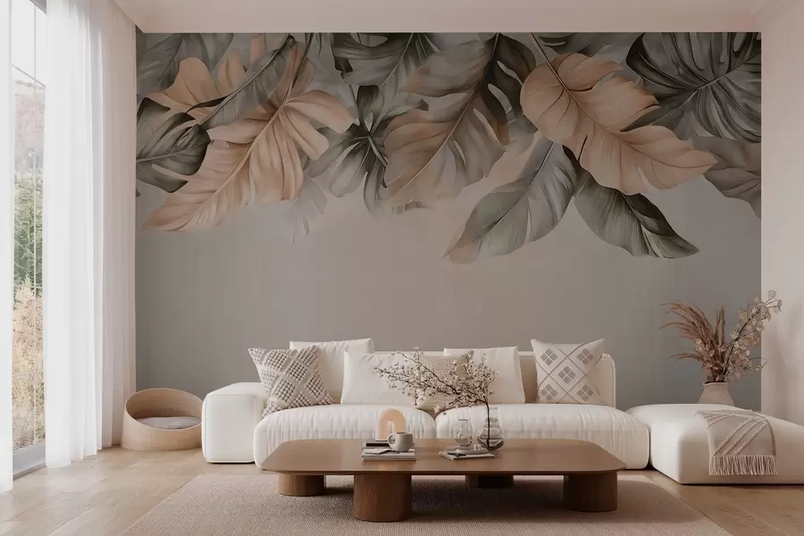 wall murals Tropical leaves hanging from the top, on a textured background w03290