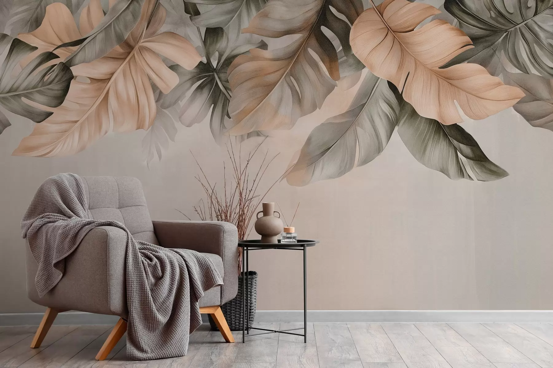 wall murals Tropical leaves hanging from the top, on a textured background w03290
