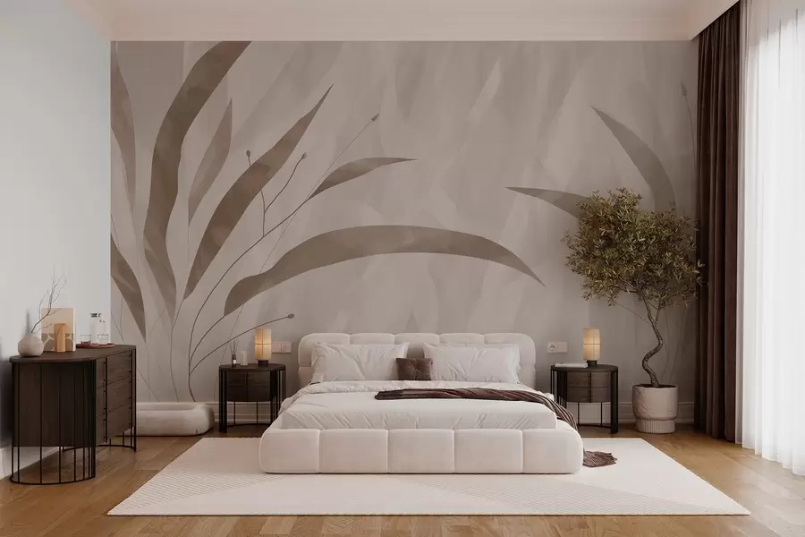 wall murals Eco style, plants on a textured heterogeneous background in beige tones w03394