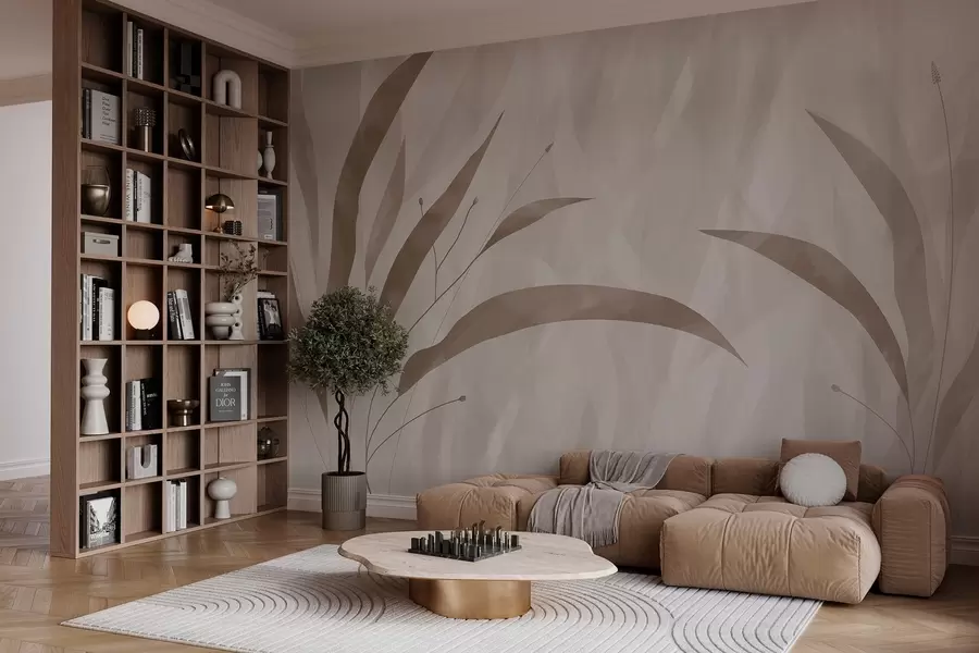 wall murals Eco style, plants on a textured heterogeneous background in beige tones w03394