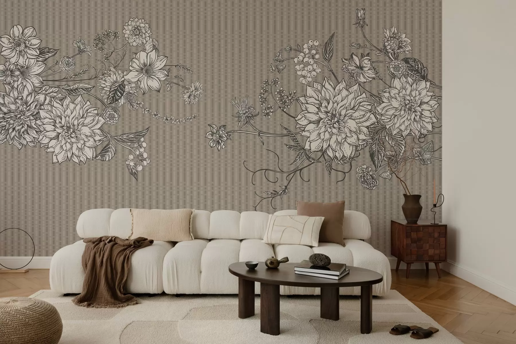 wall murals Graphic flowers on a matting background in beige tones w03395