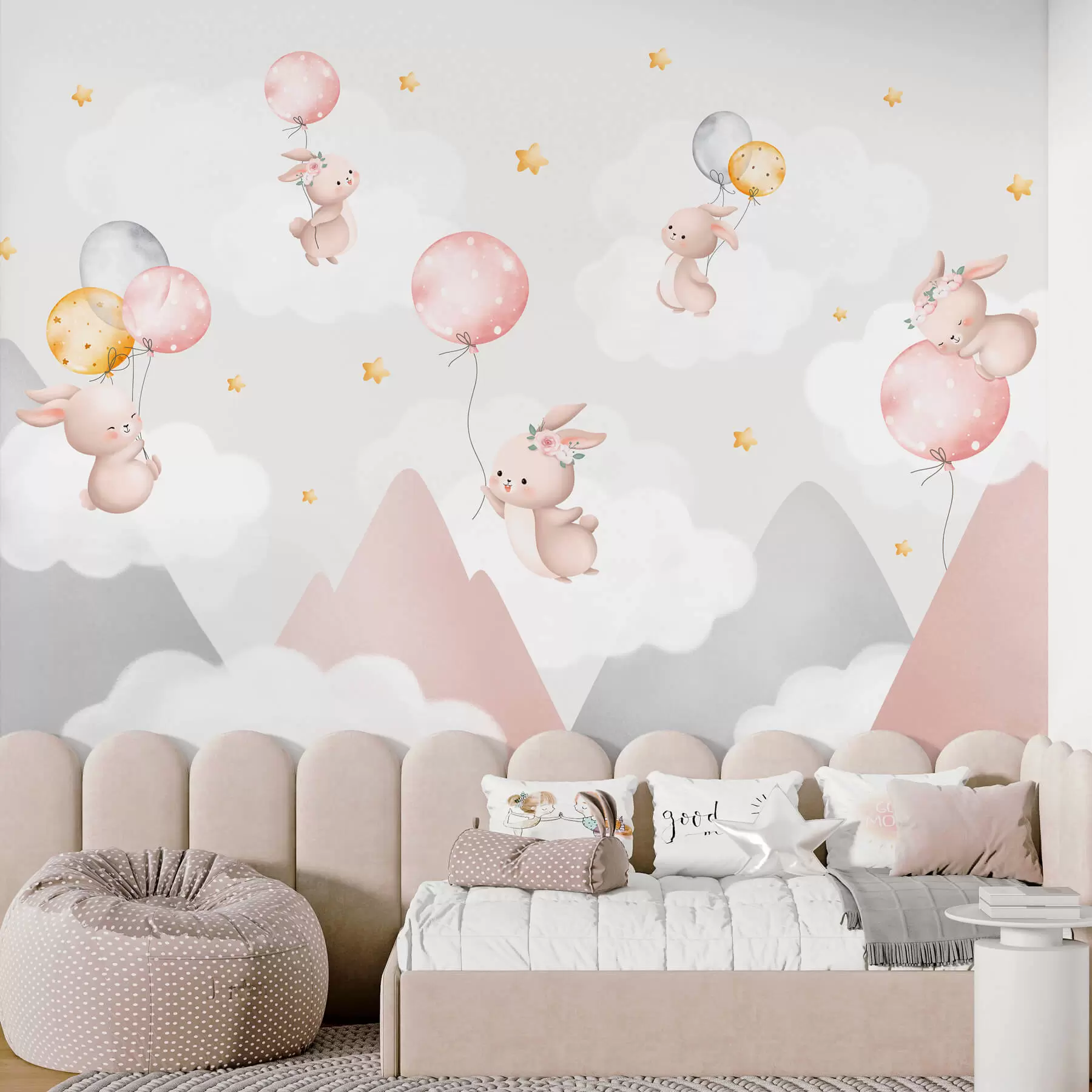 wall murals Bunnies with balloons on clouds among mountain peaks w03375