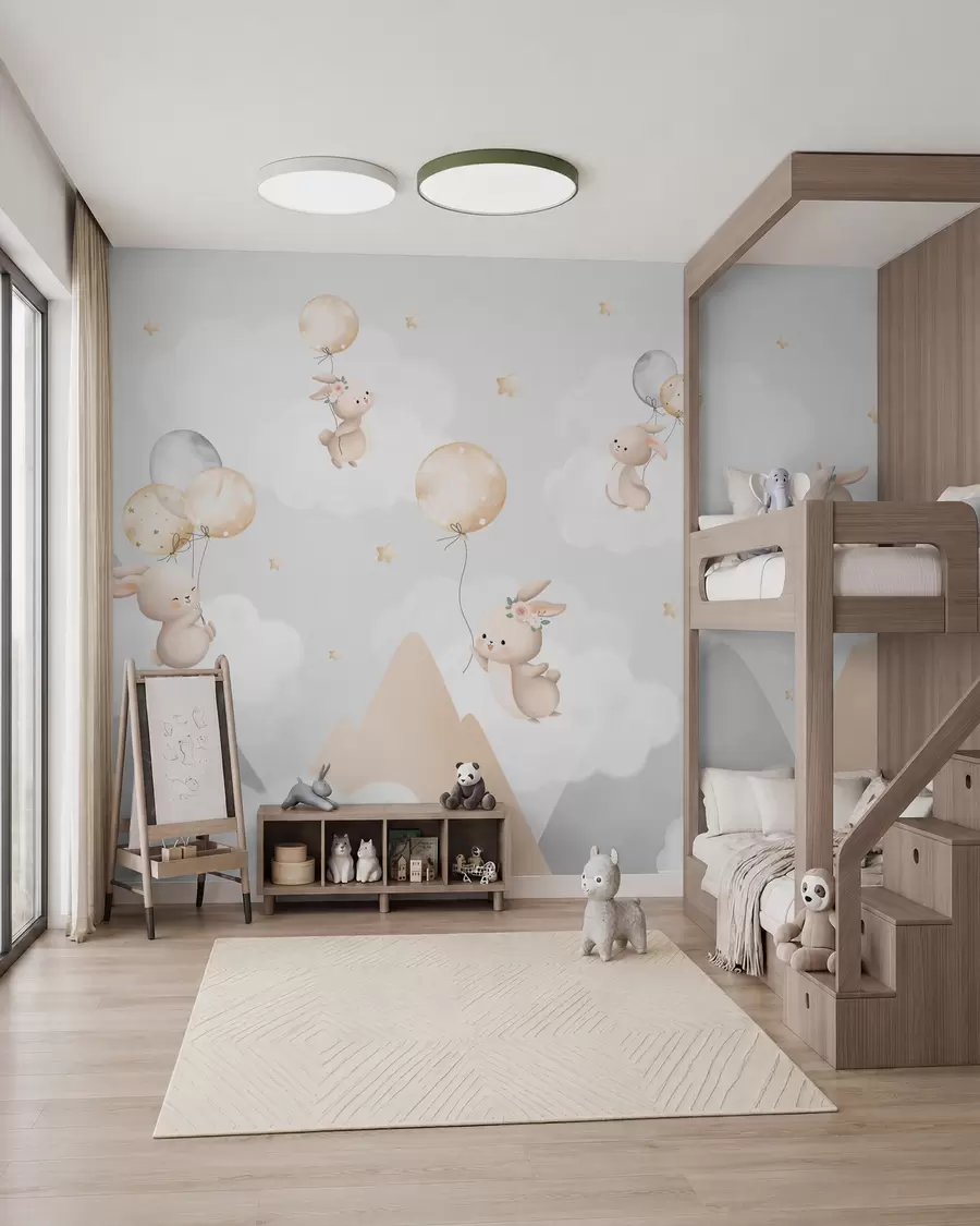 wall murals Bunnies with balloons on clouds among mountain peaks w03375v1