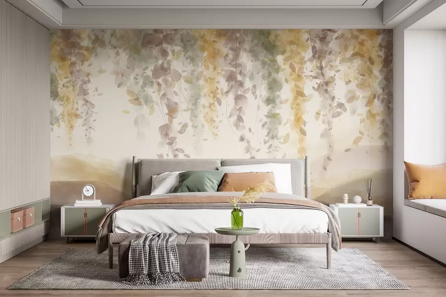 wall murals Wisteria leaves hanging over blured mountains, soft pastel yellow and brown colors, watercolor style landscape w08909v1
