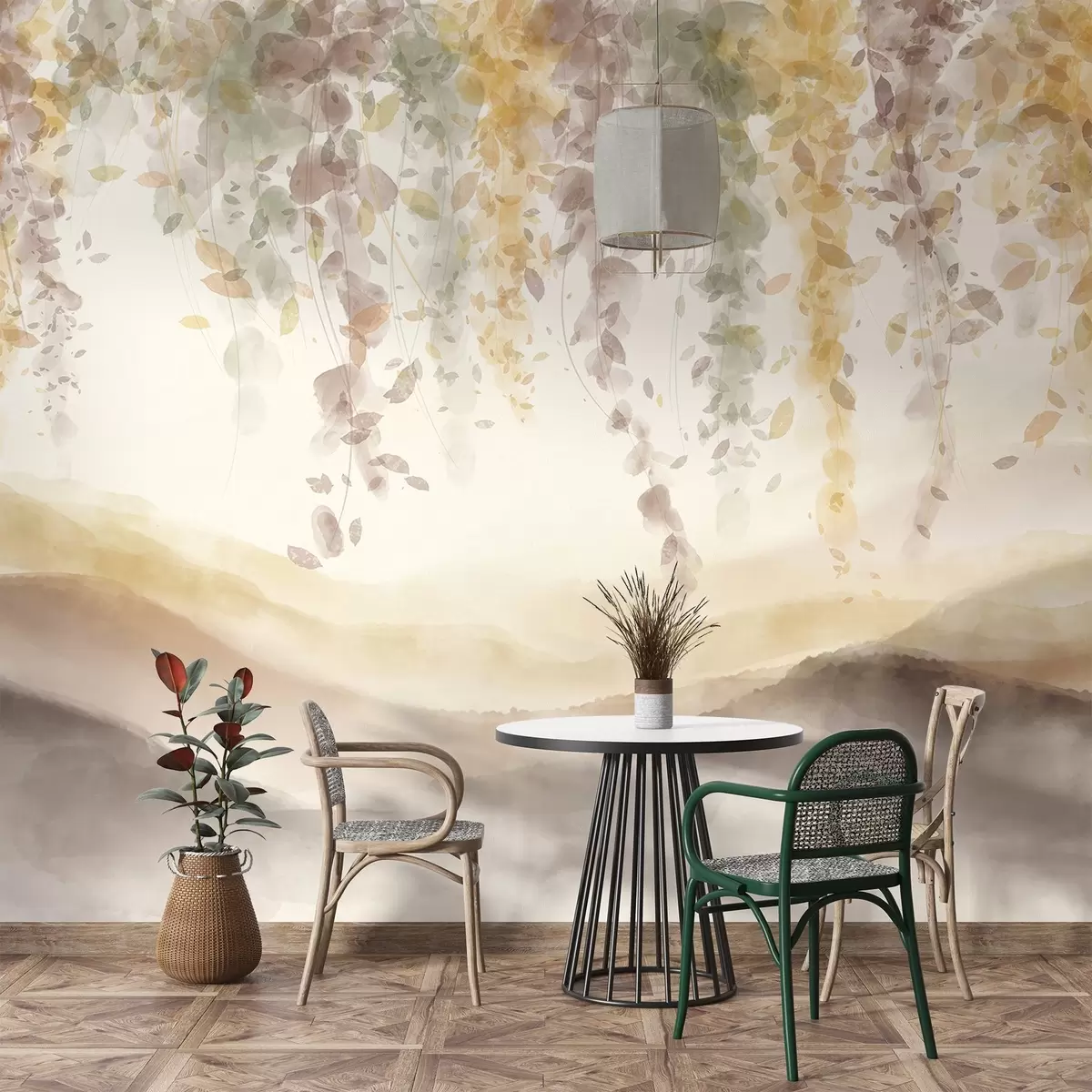 wall murals Wisteria leaves hanging over blured mountains, soft pastel yellow and brown colors, watercolor style landscape w08909v1