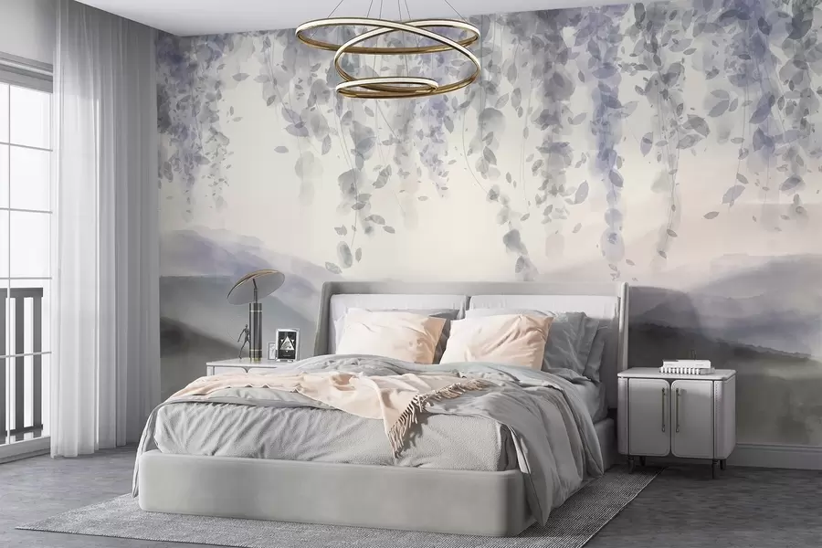 wall murals Wisteria leaves hanging over blured mountains, soft pastel blue and gray colors, watercolor style landscape w08909