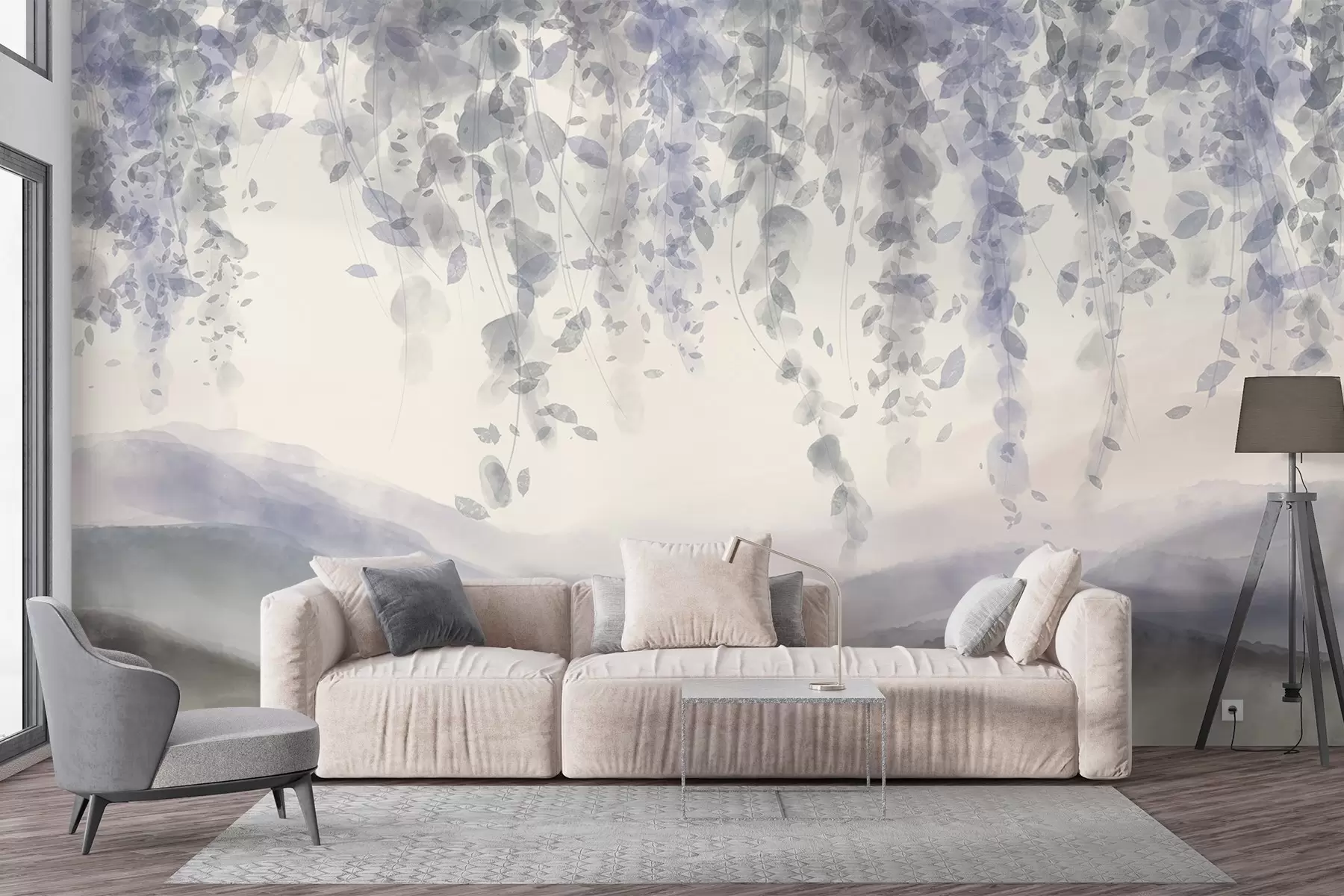 wall murals Wisteria leaves hanging over blured mountains, soft pastel blue and gray colors, watercolor style landscape w08909