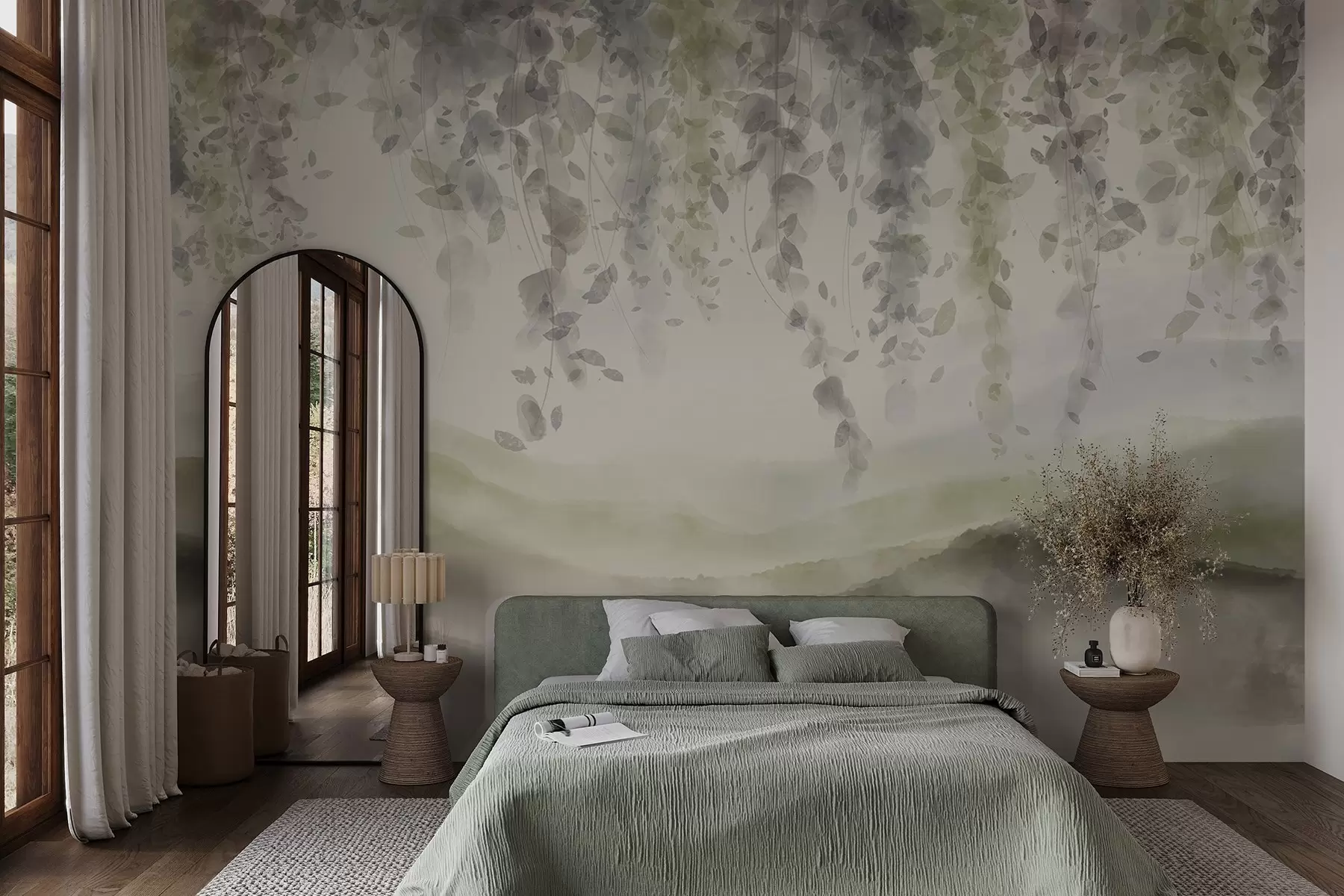 wall murals Wisteria leaves hanging over blured mountains, soft pastel green and beige colors, watercolor style landscape w08909v2