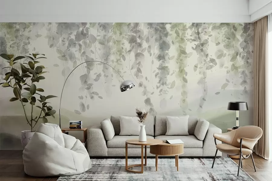 wall murals Wisteria leaves hanging over blured mountains, soft pastel green and beige colors, watercolor style landscape w08909v2