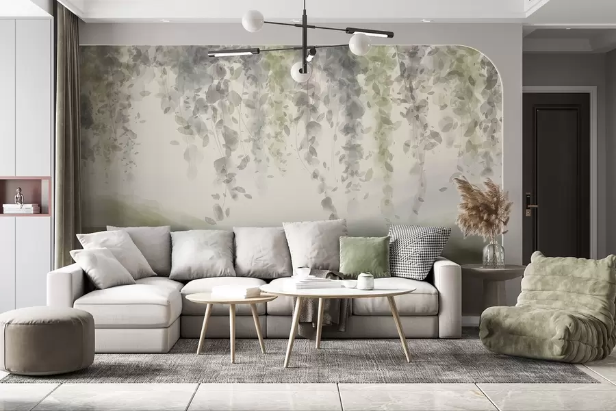 wall murals Wisteria leaves hanging over blured mountains, soft pastel green and beige colors, watercolor style landscape w08909v2