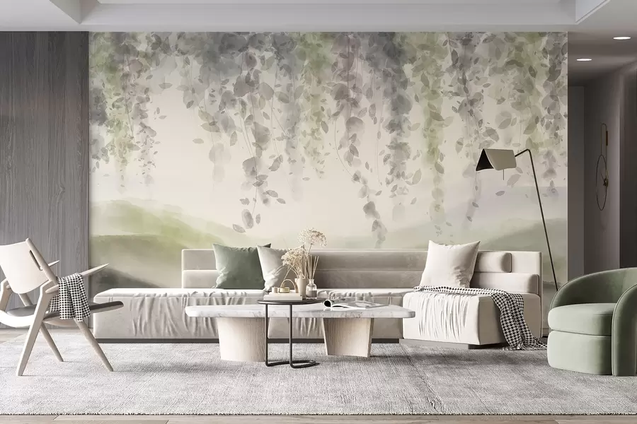 wall murals Wisteria leaves hanging over blured mountains, soft pastel green and beige colors, watercolor style landscape w08909v2