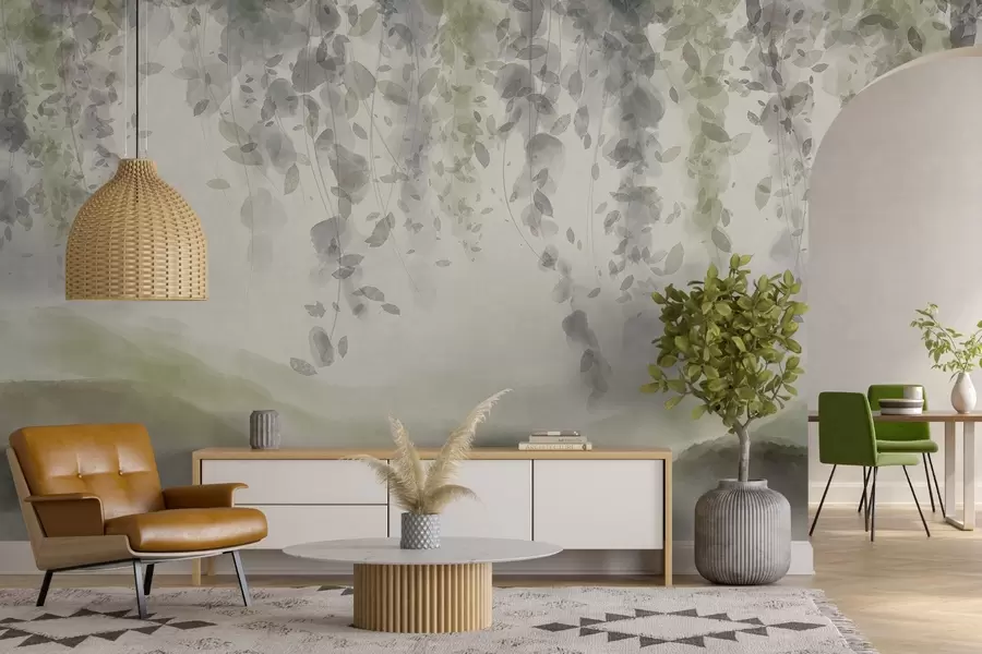 wall murals Wisteria leaves hanging over blured mountains, soft pastel green and beige colors, watercolor style landscape w08909v2