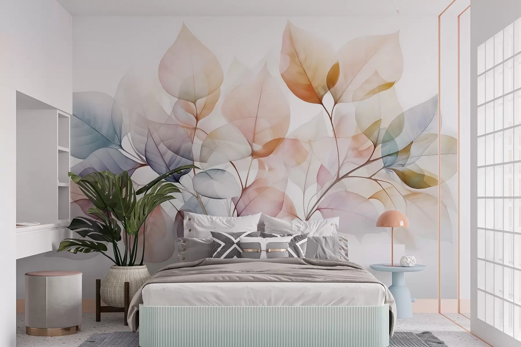 wall murals Watercolor painting of translucent leaves in pastel colors, with shades of pink, white, purple, and blue w08910