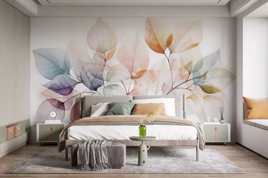 wall murals Watercolor painting of translucent leaves in pastel colors, with shades of pink, white, purple, and blue w08910