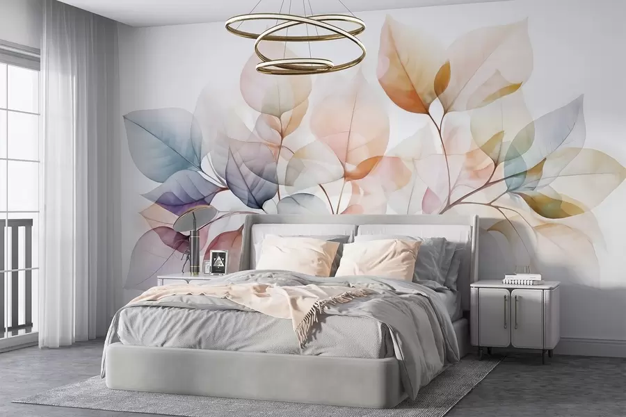wall murals Watercolor painting of translucent leaves in pastel colors, with shades of pink, white, purple, and blue w08910