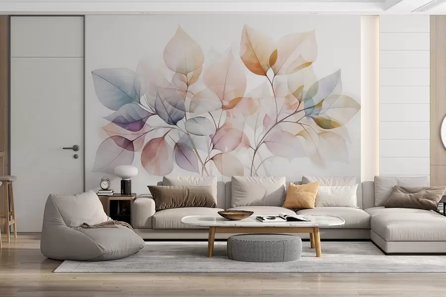 wall murals Watercolor painting of translucent leaves in pastel colors, with shades of pink, white, purple, and blue w08910