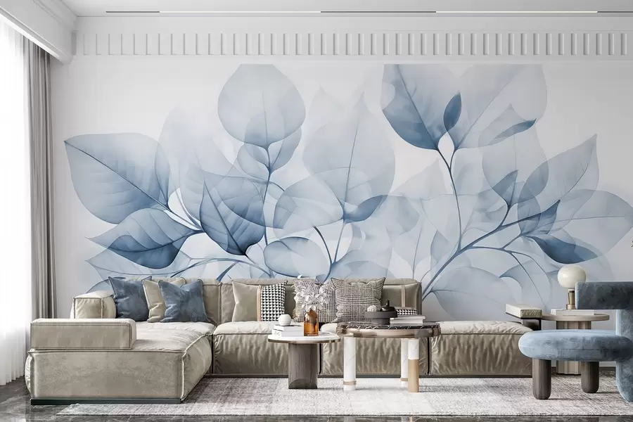 wall murals Watercolor painting of translucent leaves in pastel colors, with shades of white and blue w08910v1