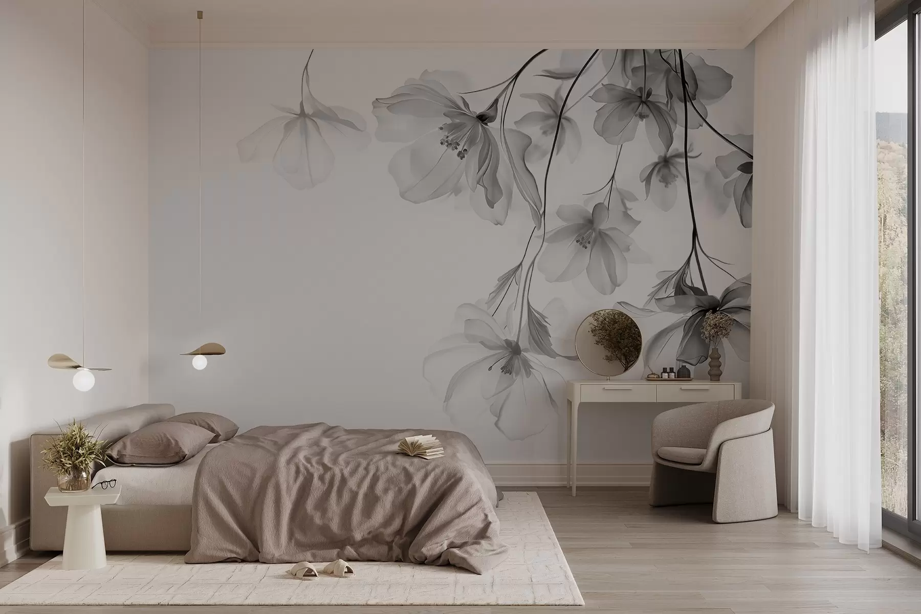 wall murals Black flowers with translucent petals hanging from a branch, black and white, minimalist modern art composition w08911