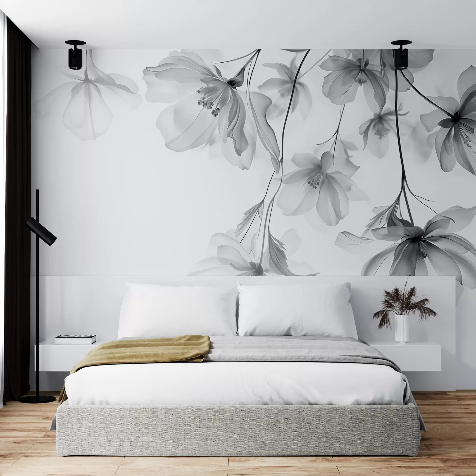 wall murals Black flowers with translucent petals hanging from a branch, black and white, minimalist modern art composition w08911